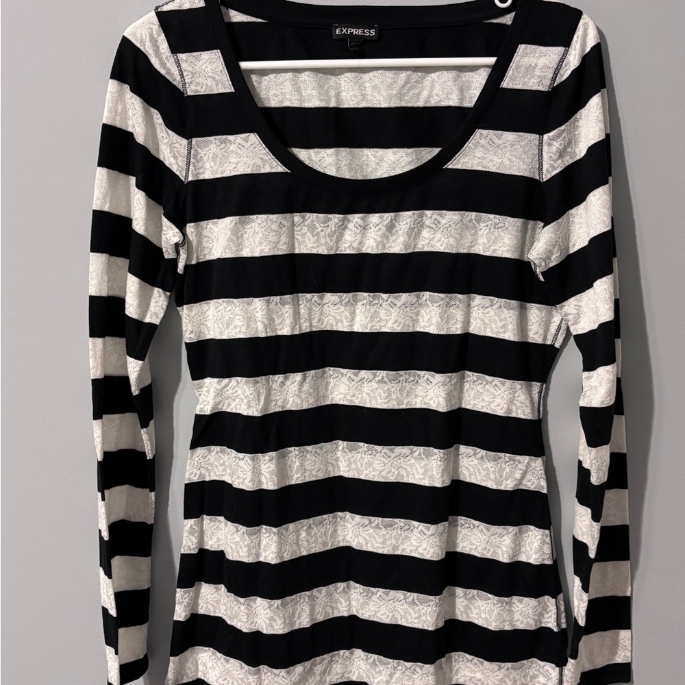 Express Black and White Fitted Ribbed Long Sleeve Tee